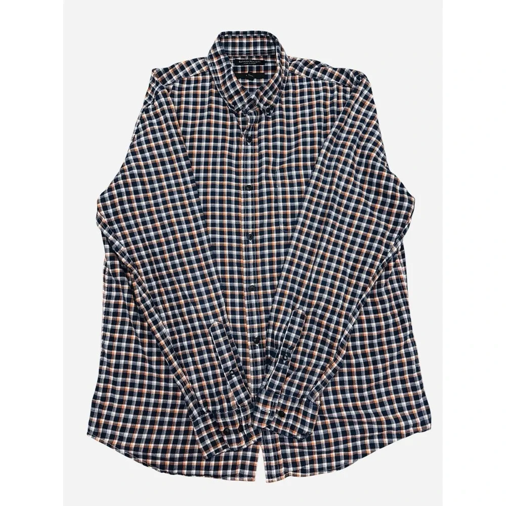 Banana Republic Luxe Flannel Slim Fit Plaid Shirt Men's Size Large Blue & Orange
